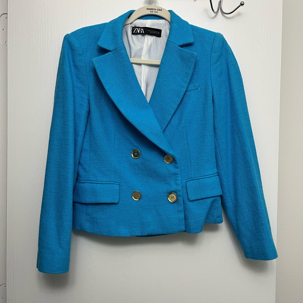 ZARA Bright Teal Double-Breasted Textured Blazer